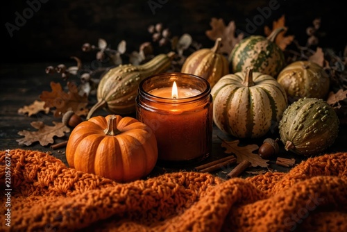 Cozy Autumn Still Life with Pumpkins and Candle.