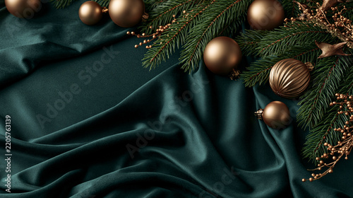 Dark green velvet fabric background with bronze christmas baubles and pine branches for elegant seasonal holiday decor set.