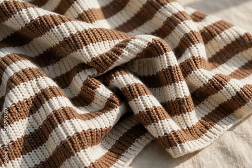 Close-up of a textured fabric with brown and white stripes.