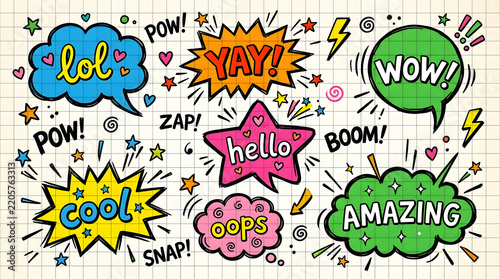 Comic Book Speech Bubbles: A vibrant collection of hand-drawn comic book speech bubbles, bursting with exclamations like LOL, YAY, WOW, COOL, and AMAZING, set against a grid-lined paper background.