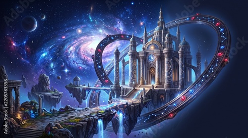 A wondrous cosmic fantasy landscape for an action RPG. An ancient floating temple with intricate glowing celestial maps carved into marble pillars, suspended on floating rock islands