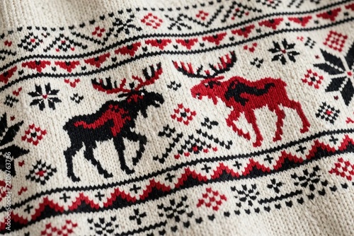 Close-up of a knitted fabric with a festive Nordic pattern featuring moose and snowflakes.