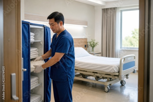 East Asian nursing assistant restocking wrapped bedding for hospital linen infection control