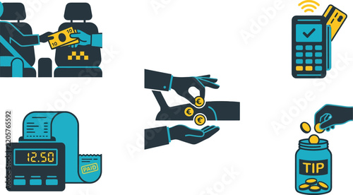 Taxi payment service icon set, flat vector illustrations for transportation fare and tipping, digital terminal and cash transaction graphics