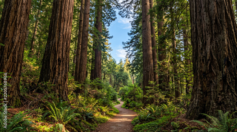 Obraz premium Sunlit Path Through Majestic Redwood Forest with Canopy Gap