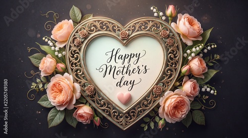 Elegant floral heart frame with roses and Mothers Day message on dark background for romantic greeting cards seasonal designs and posters