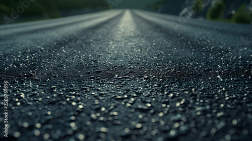 Wet asphalt road with reflective surface and scattered water droplets extending into the distance with glistens under light clean asphalt close up perspective pavement