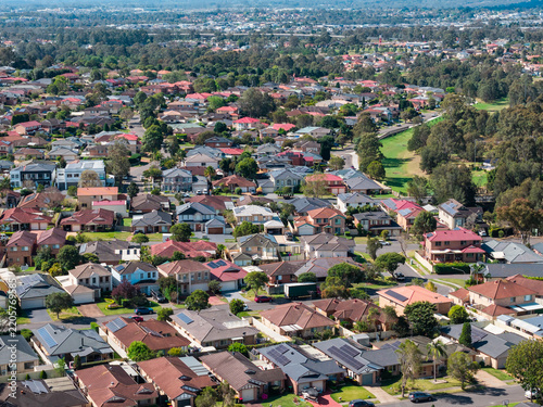 Aerial view of residential houses in Western Sydney area.