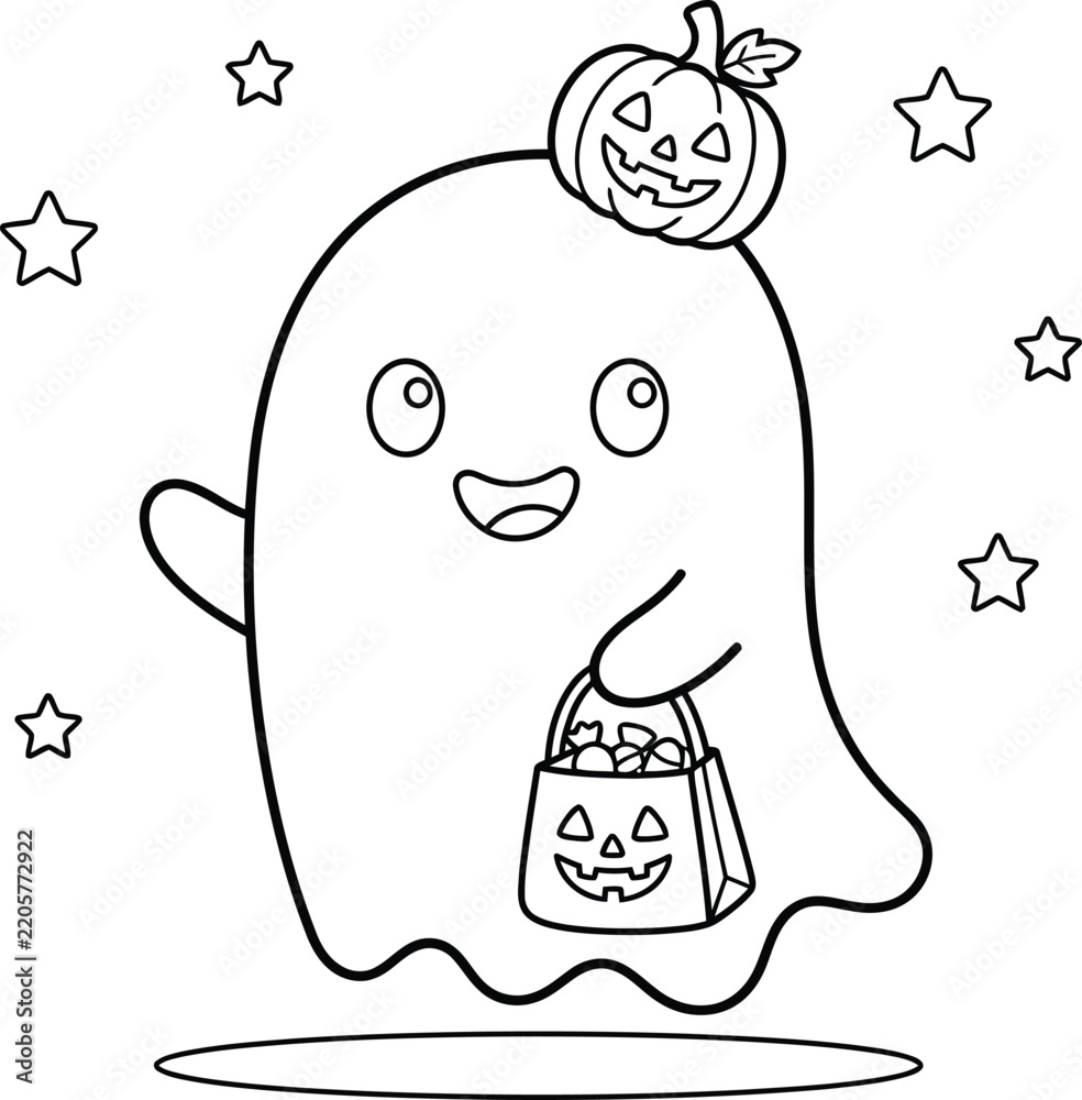 Obraz premium Halloween Cute cartoon ghost holding a candy bag with jack-o'-lantern head, perfect for festive greeting cards or
