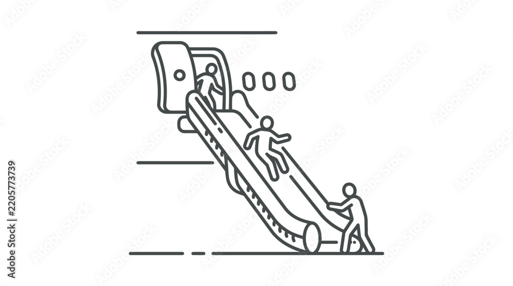 Obraz premium Creative Black and White Line Drawing of People Using Escalator with Mobile Phone Signal Indicators