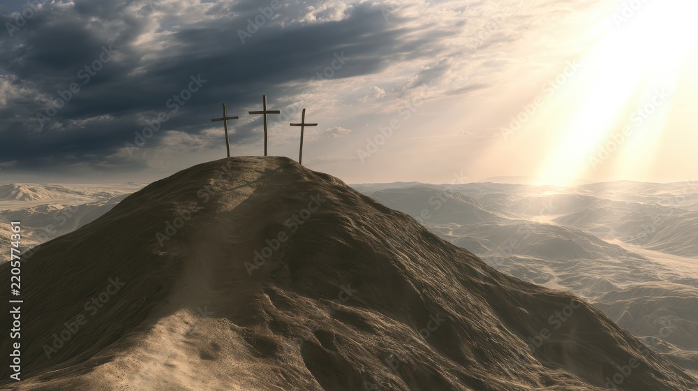 Obraz premium Three wooden crosses standing atop barren hilltop, dramatic sunlight breaking through stormy sky clouds