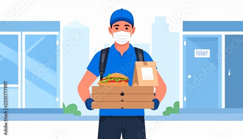 Delivery worker carrying boxes with protective mask.