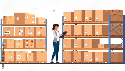 Female warehouse worker checking inventory on clipboard.
