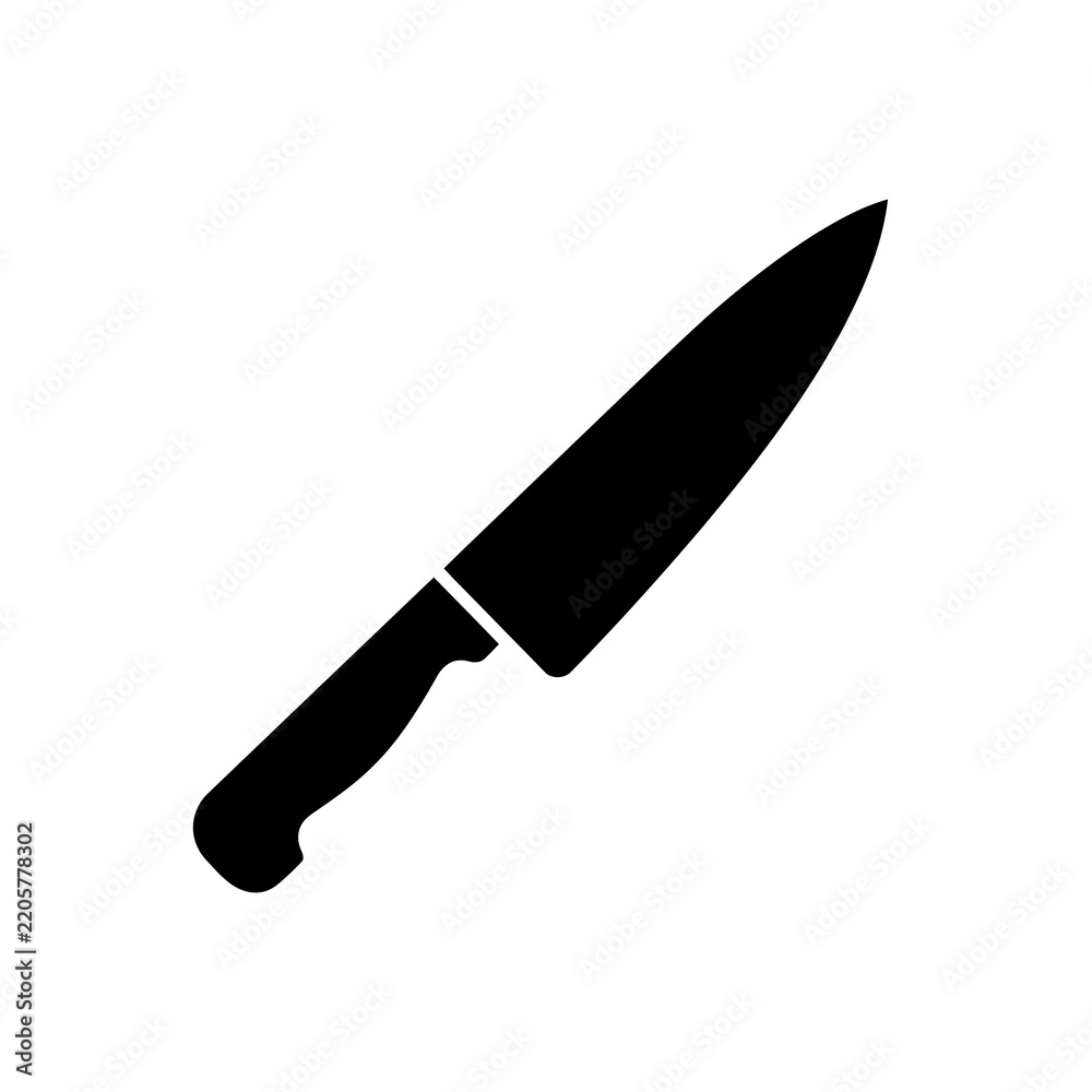 Obraz premium Chef knife icon black cutlery silhouette sharp blade used for slicing dicing mincing food ingredients in professional commercial kitchen culinary preparation tasks.