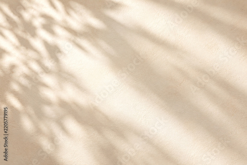 Minimalistischer heller Hintergrund in warmen Beigetönen mit weichem natürlichem Licht und abstrakten Pflanzenschatten. Viel Copy Space für Werbung, Produktpräsentationen, Texte und modernes Design.
