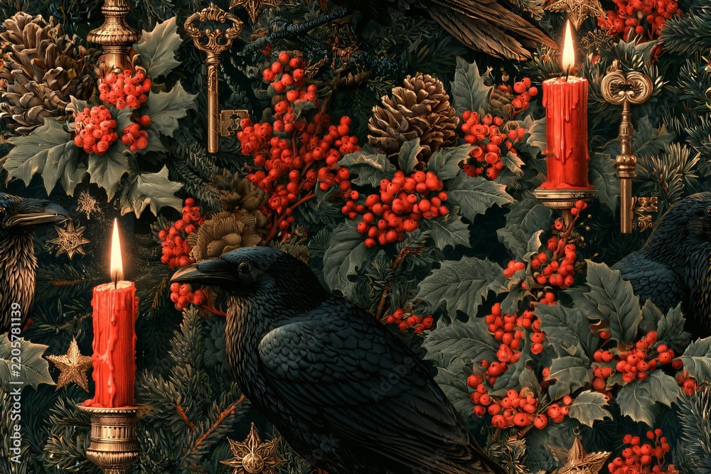Obraz premium Seamless Victorian gothic Christmas pattern with candles, ravens, holly, ornate keys, pinecones and stars in black, burgundy, evergreen and antique gold, detailed vintage engraving