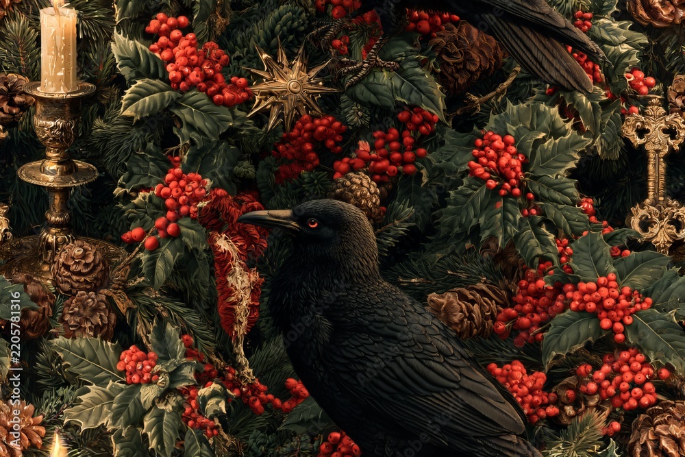 Obraz premium Seamless Victorian gothic Christmas pattern with candles, ravens, holly, ornate keys, pinecones and stars in black, burgundy, evergreen and antique gold, detailed vintage engraving