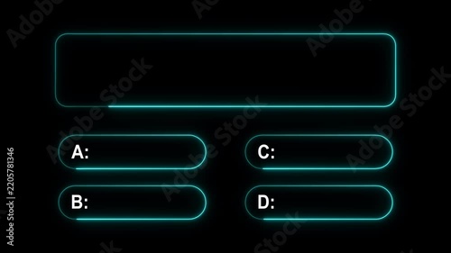 Minimalist Quiz Question and Answer Options Animation with A, B, C and D, Color Changing Neon Glow on Dark Background