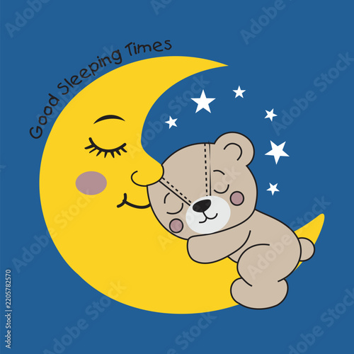 Vector cartoon illustration of a bear sleeping on the moon.