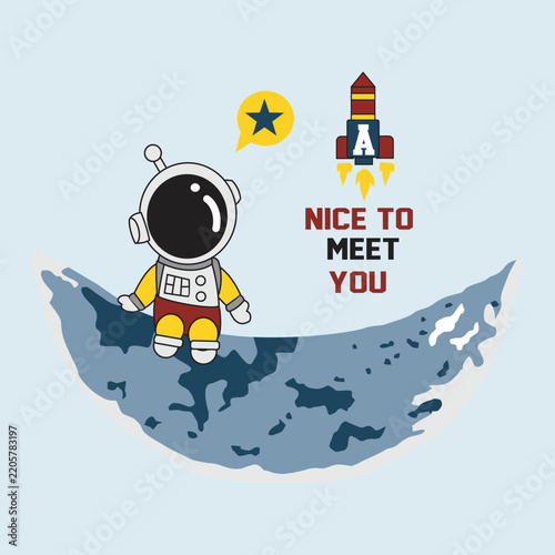A little astronaut sitting on the moon, vector cartoon illustration.