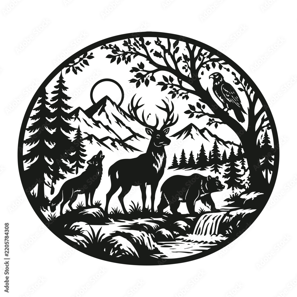 Fototapeta premium Wildlife Forest Landscape Circular Silhouette Vector with Deer and Mountain Scene