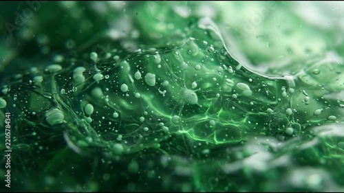 Pharmaceutical drug delivery textures reveal translucent emerald hydrogel membranes containing abstract material background