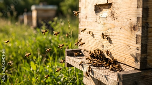 Honey bees swarming around a wooden beehive in a sunlit green meadow during golden hour for sustainable beekeeping and organic honey production industry.