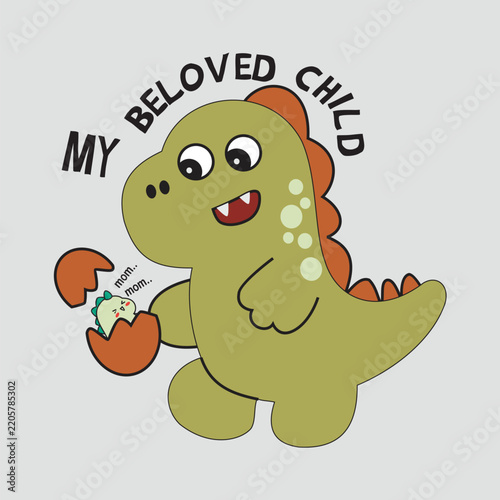 Dinosaur and its newly hatched offspring, vector cartoon illustration.