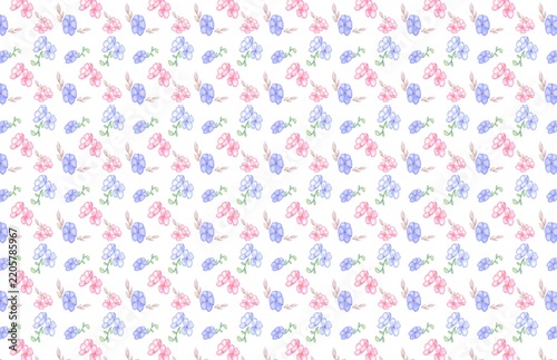 Delicate floral pattern with pink and blue flowers on white background for greeting cards and stationery