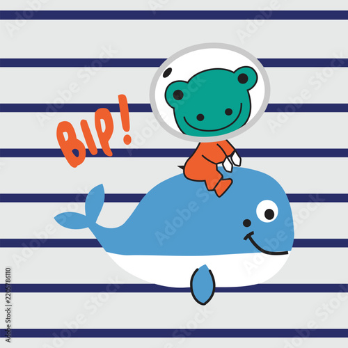A frog riding on a whale, vector cartoon illustration.