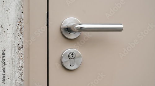 Modern stainless steel door handle and round lock cylinder on a beige contemporary entrance door for home security, privacy and residential access concept.