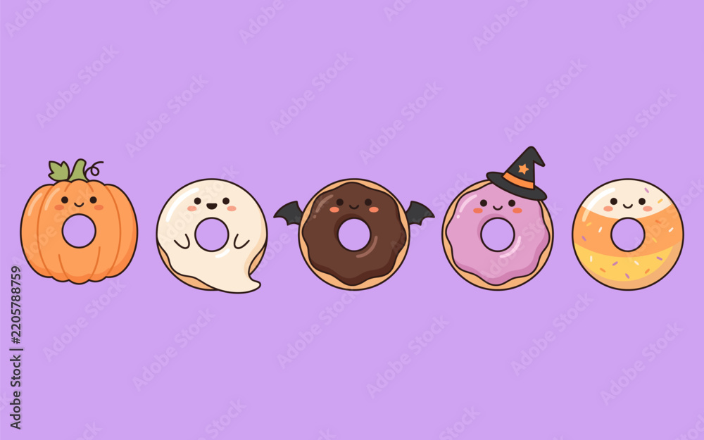 Fototapeta premium Cute cartoon halloween donuts decorated with pumpkin ghost bat witch hat and spider on a purple background