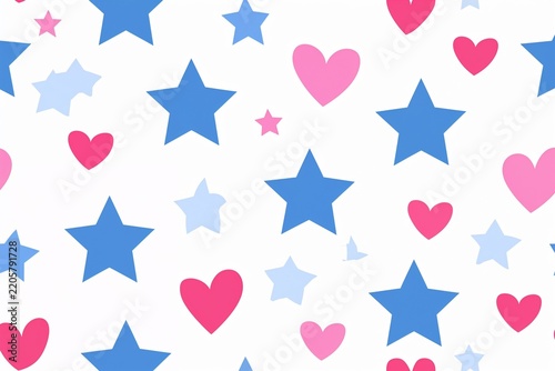 Playful repeating heart and star pattern in pink, blue, and white, cheerful greeting card background