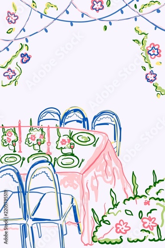 Garden Party Table Setting with Floral Decorative Background