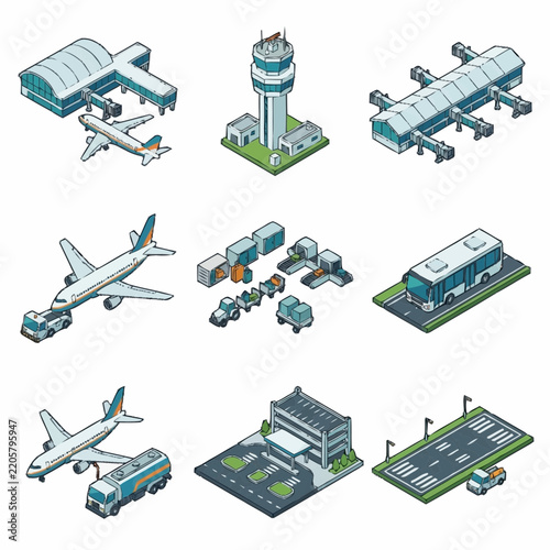 Minimalist Isometric Illustrations of Airport Operations Featuring Airplanes Terminals Control Tower Luggage Handling and Runway Vehicles