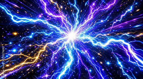 雷と電撃エネルギーが炸裂するゲームVFX背景パチンコ風演出Abstract lightning and electric energy explosion game VFX background