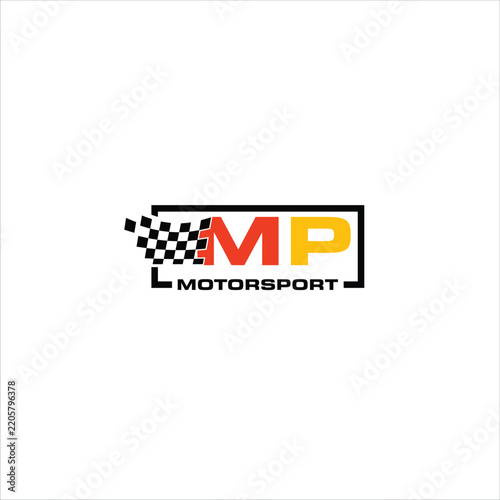 MP Motorsport Racing Logo with Checkered Flag and Bold Red Lettering