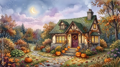 Cozy Halloween Cottage Watercolor Artwork with Rustic Country House, Glowing Windows, Pumpkins, Autumn Trees, and Moonlit Scenery