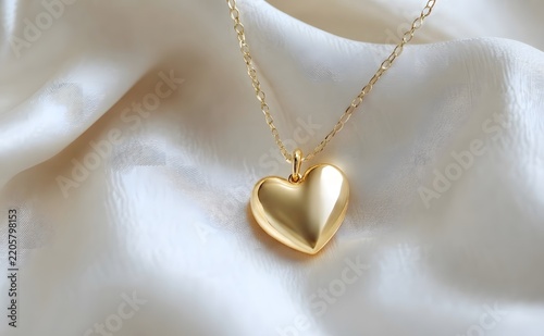 A gold heart pendant necklace on a delicate chain resting on soft white fabric