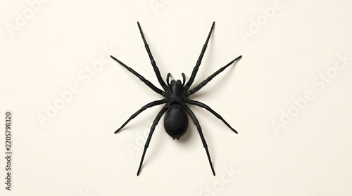 Top view of a black toy spider with eight legs isolated on a clean white background.