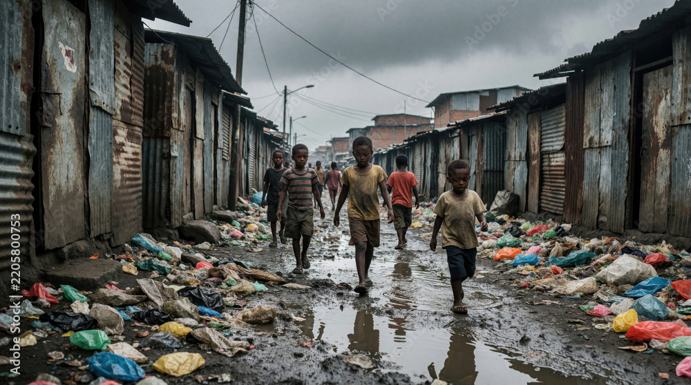 Obraz premium Several young children walk down deeply polluted mud street. Rubbish, waste rubbish ground between dilapidated corrugated iron homes. Image captures life struggle, harsh reality of urban poverty in