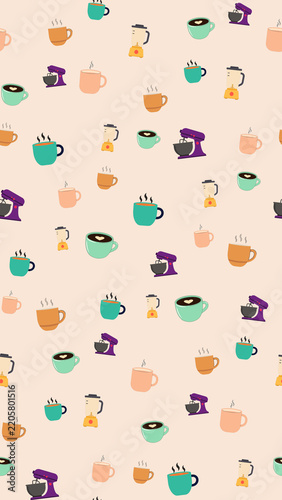 Seamless pattern of kitchen appliances and hot beverages