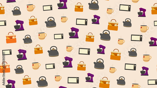Seamless pattern of kitchen appliances and items