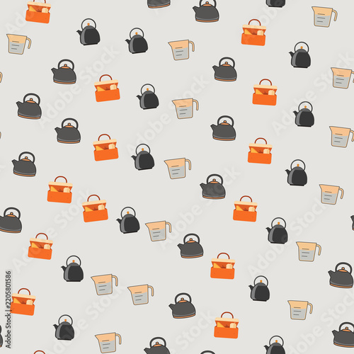 Seamless pattern with teapots and measuring cups