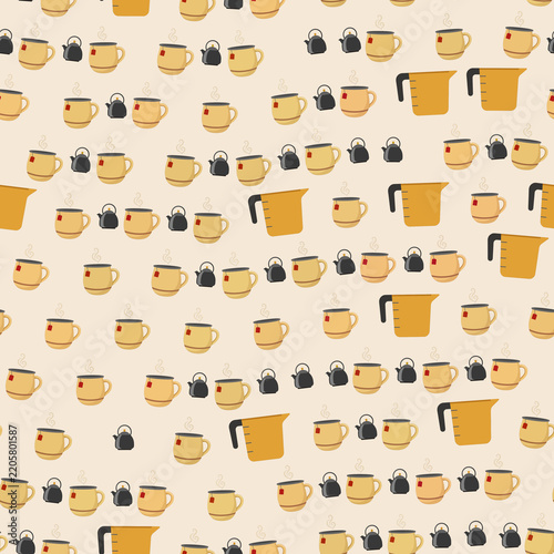 Seamless pattern with tea cups, teapots and jugs