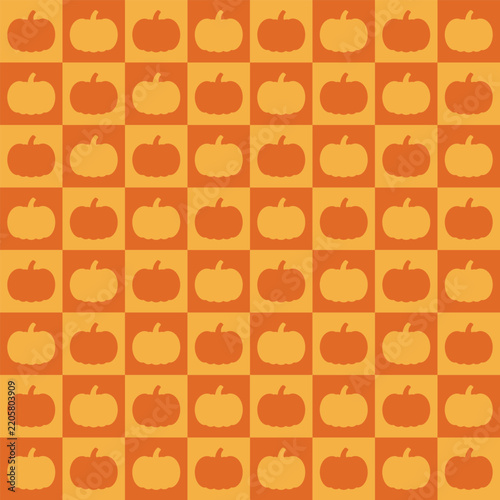 Seamless vector orange pattern paper with yellow and orange pumpkins on a checkered background