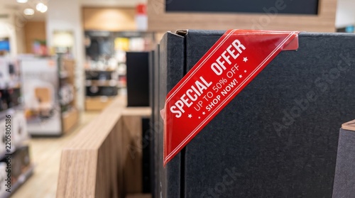 Special offer red discount sticker on retail product box, promotional sale sticker in department store, retail clearance tag