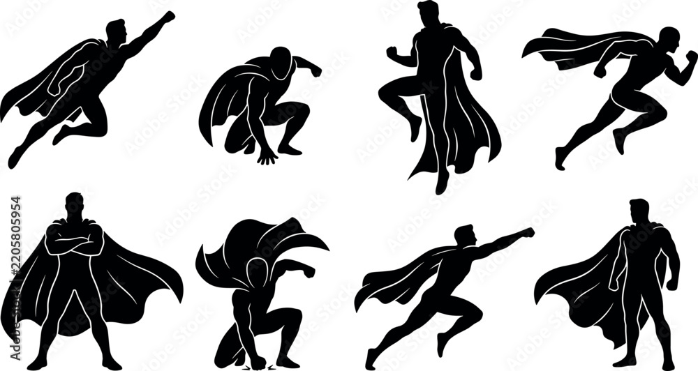 Obraz premium Superhero action pose silhouette vector set featuring black comic book heroes flying running crouching and standing with capes