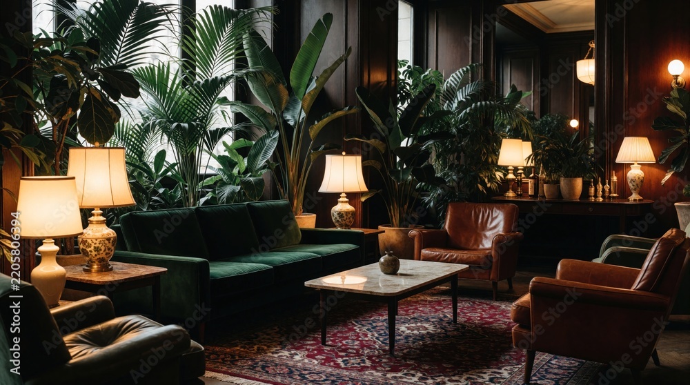 Obraz premium Vintage boutique hotel lobby features retro furniture, large indoor plants. Green velvet sofa, leather armchairs, marble coffee table sit on patterned rug. Dim warm lighting from table lamps creates