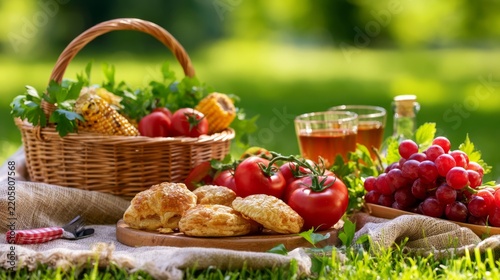 Summer Picnic Scene with Fresh Food and Grilled Delights on a Sunny Day in a Beautiful Park Setting